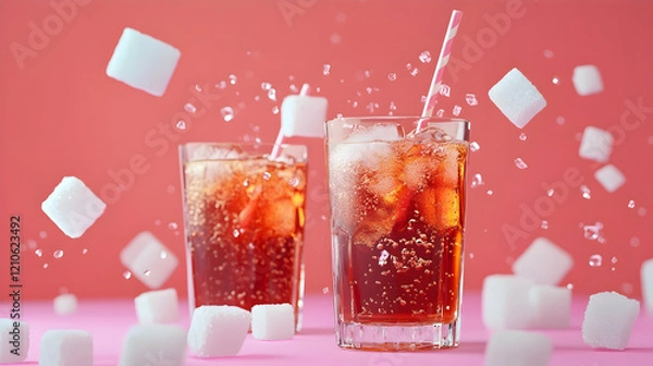 Fototapeta Unhealthy food concept with sugar in carbonated drinks and sugar cubes.illustration