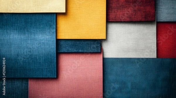 Fototapeta Vibrant fabric tiles in various colors creating a warm and inviting atmosphere, showcasing a mix of textures and hues for interior design inspiration