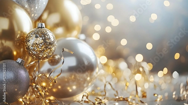 Fototapeta Vibrant gold and silver balloons, glittering confetti, and sparkling streamers adorning a festive table for a joyful New Year's Eve celebration