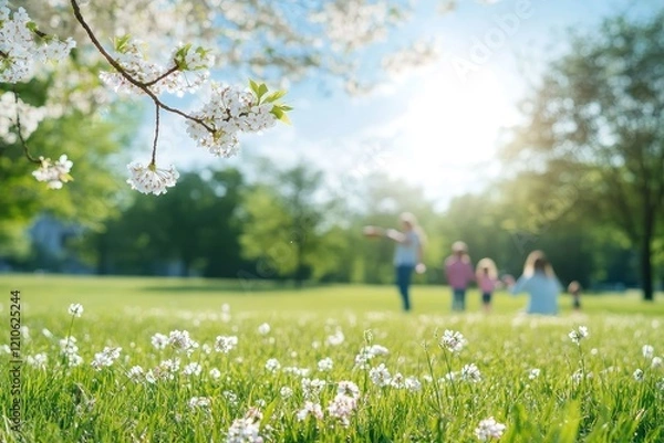 Fototapeta Families enjoying a sunny day in the park surrounded by blooming flowers and lush greenery in springtime