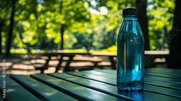 Fototapeta Vibrant image of a reusable water bottle resting on a picnic table, with a scenic park in the background