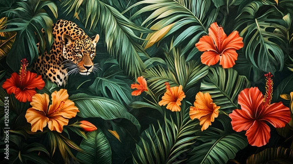 Fototapeta Vibrant jungle scene with lush green palm leaves, bright orange and red hibiscus flowers, and a subtle backdrop of leopard print