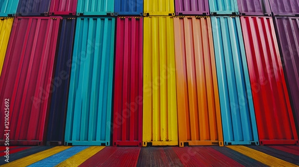 Fototapeta Vibrant multicolored shipping containers neatly arranged in a warehouse, symbolizing modern transportation and efficiency