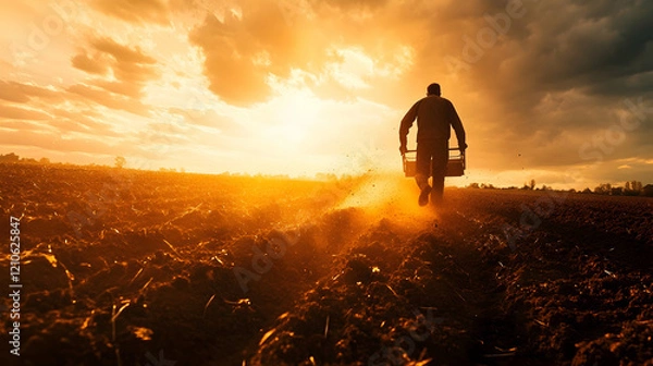 Fototapeta Vibrant photo of a farmer tilling a field under the blazing sun with dirt flying and determination visible.illustration