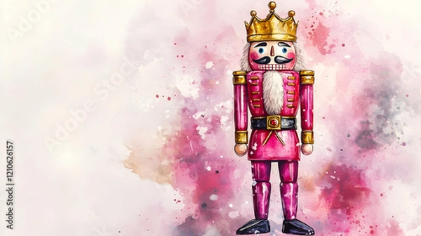Fototapeta Vibrant pink nutcracker standing tall with a golden crown and intricate details, evoking festive spirit, captured in a watercolor illustration