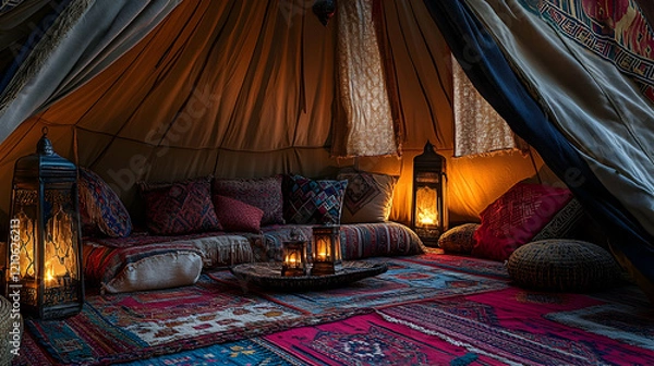 Fototapeta Vibrant scene of a traditional desert tent setup in Abu Dhabi with carpets, lanterns, and cushions creating a cozy atmosphere.illustration