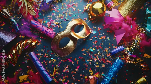 Fototapeta Vibrant scene of New Year party items on the floor, featuring glittering masks, noisemakers, party hats, and scattered confetti, evoking celebration and joy