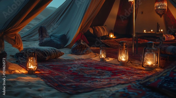 Fototapeta Vibrant shot of a Bedouin tent setup in the desert with traditional carpets, lanterns, and cushions creating a cozy atmosphere