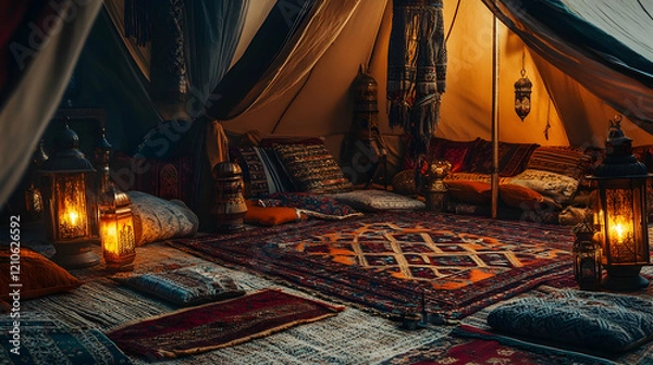 Fototapeta Vibrant shot of a Bedouin tent setup in the desert, with traditional carpets, lanterns, and cushions creating a cozy atmosphere