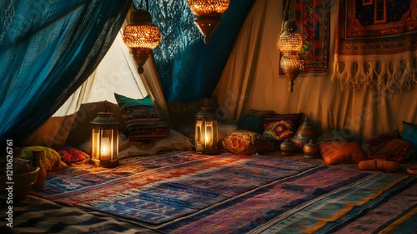 Fototapeta Vibrant shot of a Bedouin tent setup in the desert with traditional carpets, lanterns, and cushions creating a cozy atmosphere