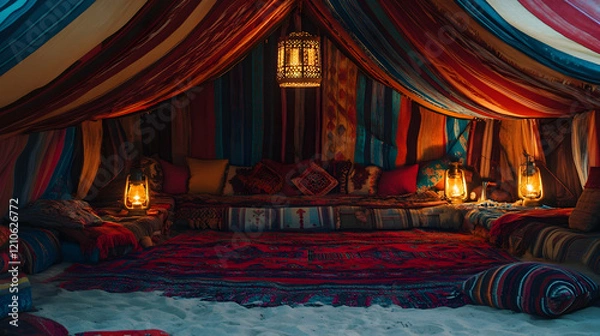 Fototapeta Vibrant shot of a Bedouin tent setup in the desert with traditional carpets, lanterns, and cushions creating a cozy atmosphere.illustration