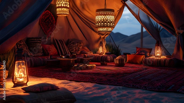 Fototapeta Vibrant shot of a Bedouin tent setup in the desert with traditional carpets, lanterns, and cushions creating a cozy atmosphere