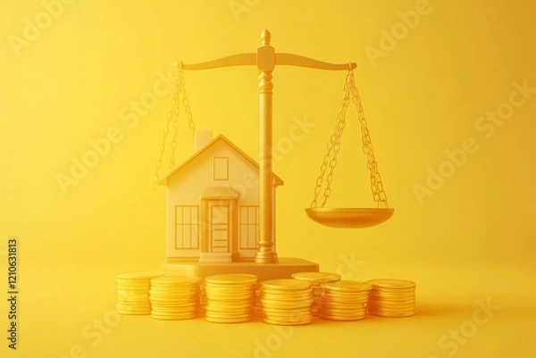Fototapeta 3D rendering of a simple house and golden coins balanced on a scale on a light background, symbolizing real estate transactions, mortgage investments, and financial lending. The scene illustrates the