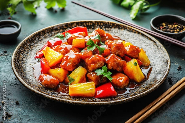 Obraz Sweet and sour pork served with pineapple and bell peppers on a rustic plate in bright lighting