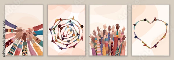 Obraz Multicultural women in circle hand in hand. Top view. International women s day. Raised hands. Diversity - inclusion - equality or empowerment concept. Banner - poster - template