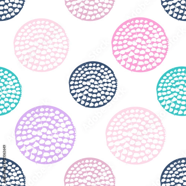 Fototapeta Colorful textured circle seamless pattern, blue, pink, violet, purple round grunge polka dot, wrapping paper. Vector illustration.