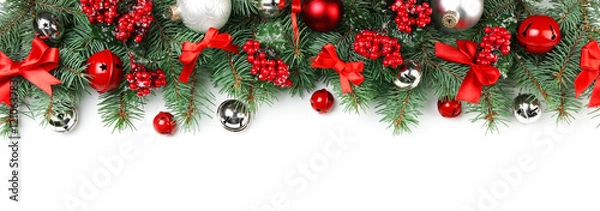 Obraz Christmas composition with fir tree branches and festive decoration on white  background