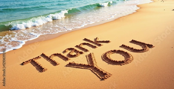Fototapeta Thank you written in sand on beach by the ocean