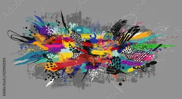 Fototapeta Abstract Burst of Color: An explosion of vibrant colors and geometric patterns creates a dynamic, abstract design on a gray background, evoking a sense of energy and movement.