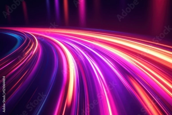 Fototapeta A high-speed motion blur effect with vivid light trails in neon purple, red and orange streaks shooting across a dark background