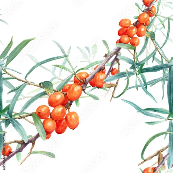 Fototapeta Seamless Watercolor Botanical Pattern of Sea Buckthorn Branches with Orange Berries and Green Leaves Isolated on White