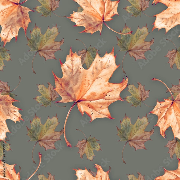 Fototapeta Seamless Autumn Maple Leaves Pattern on Blue Background