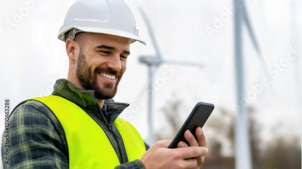 Fototapeta Engineer wearing a safety vest and hardhat smiles while using a smartphone near wind turbines, showcasing the intersection of technology and renewable energy