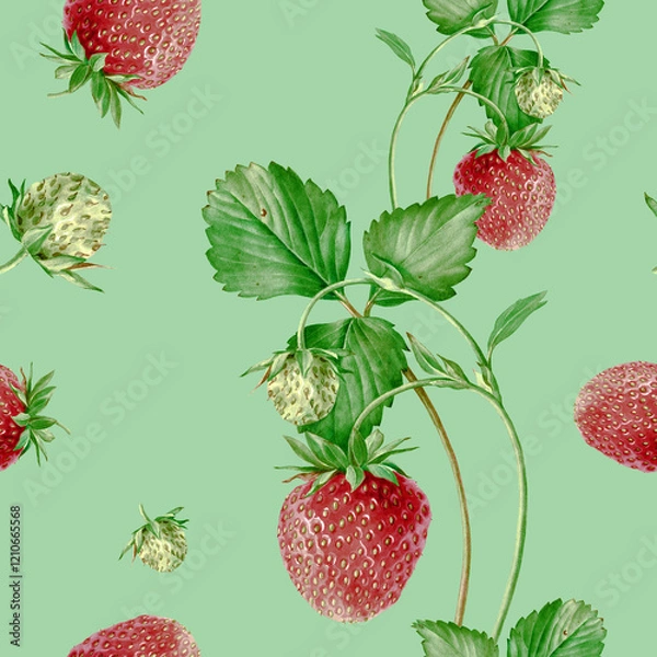 Fototapeta Watercolor seamless strawberry pattern. Strawberry garden, botanical illustration, pattern of bushes and berries.