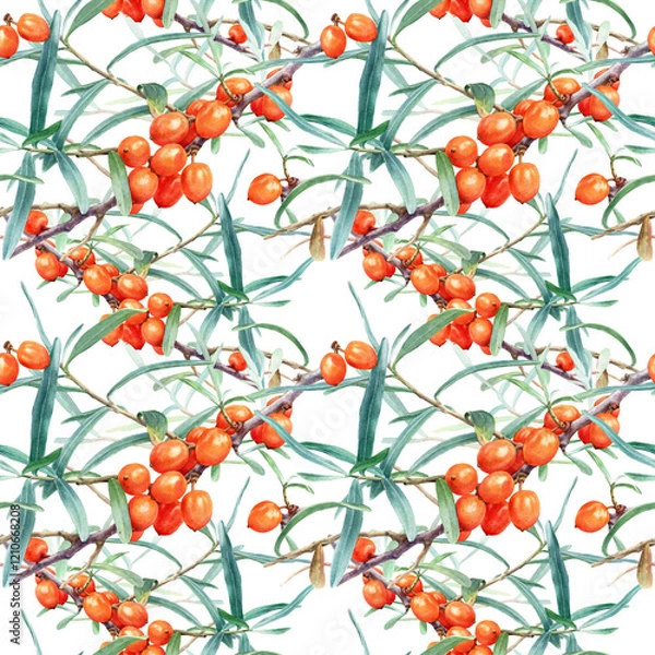 Fototapeta Seamless Watercolor Botanical Pattern of Sea Buckthorn Branches with Orange Berries and Green Leaves Isolated on White