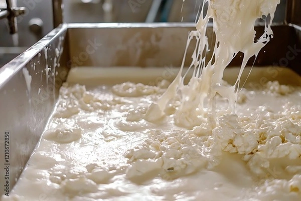 Fototapeta Fresh milk processed into creamy cheese through curdling and aging, perfect for culinary enthusiasts.