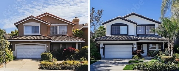 Fototapeta A before and after comparison a home exterior highlighting fresh paintwork and landscaping improvements