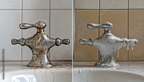 Fototapeta Faucet cleaned to perfection, showing removal hard water stains and calcium buildup