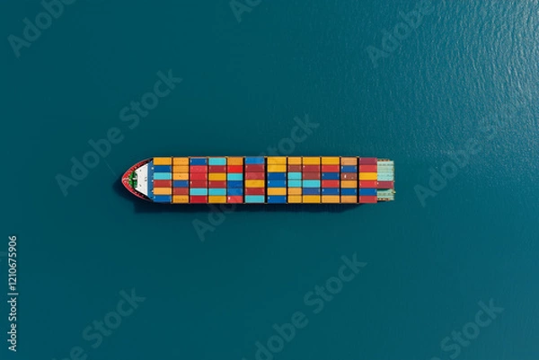 Fototapeta Conteneurs maritimes multicolores vus du dessus sur un bateau de transport dans l'océan