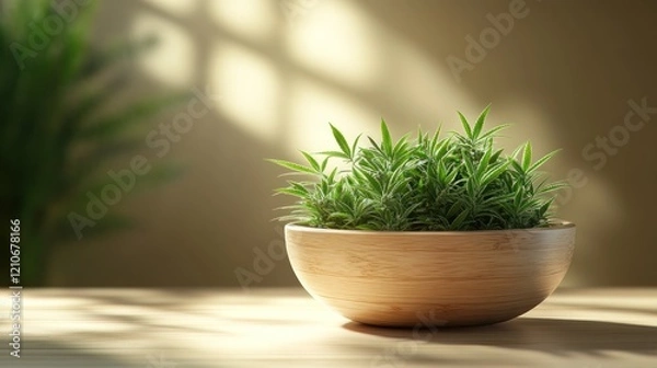 Fototapeta stacked green cannabis leaves on a smooth, light-colored table.