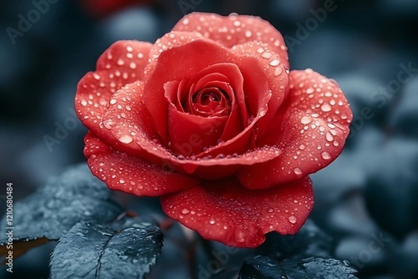 Obraz Single red rose covered in water droplets.