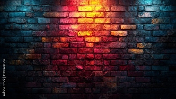 Obraz A brick wall with a red and blue light shining on it