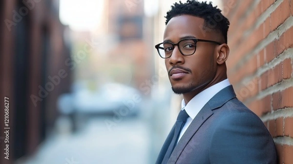 Fototapeta A man in a suit and glasses is standing in front of a brick wall