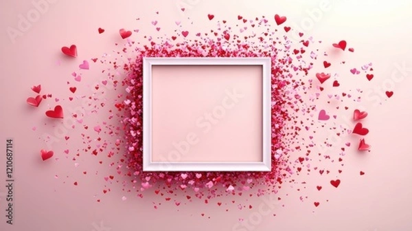 Fototapeta Decorative Frame Surrounded by Colorful Hearts on Soft Background