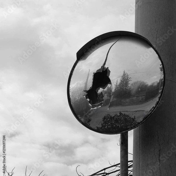 Fototapeta curved road safety convex mirror with broken glass surface black and white