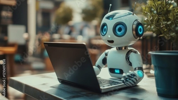 Fototapeta A small robot talks and works on a laptop. Small cut robot speak	