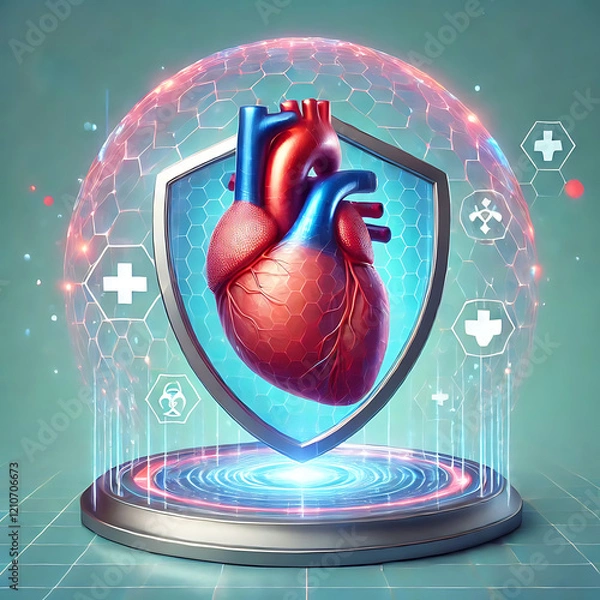 Obraz Heart medical healthcare. Human heart anatomy organ translucent low poly triangle inside shield futuristic glowing red on dark blue background. Immunity protection medical innovation concept. Vector.

