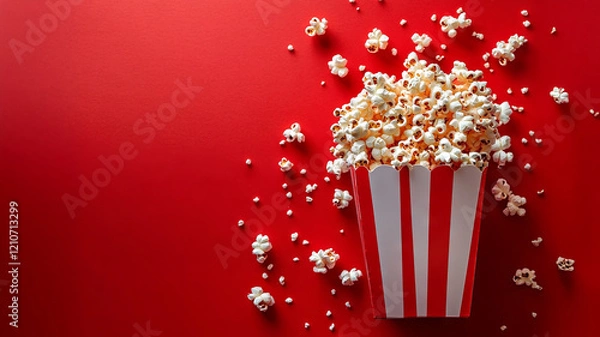 Fototapeta popcorn in package on red background, concept of relaxation and watching movies
