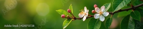 Fototapeta Daphne foliage and flower buds on a tree branch, plant, branch