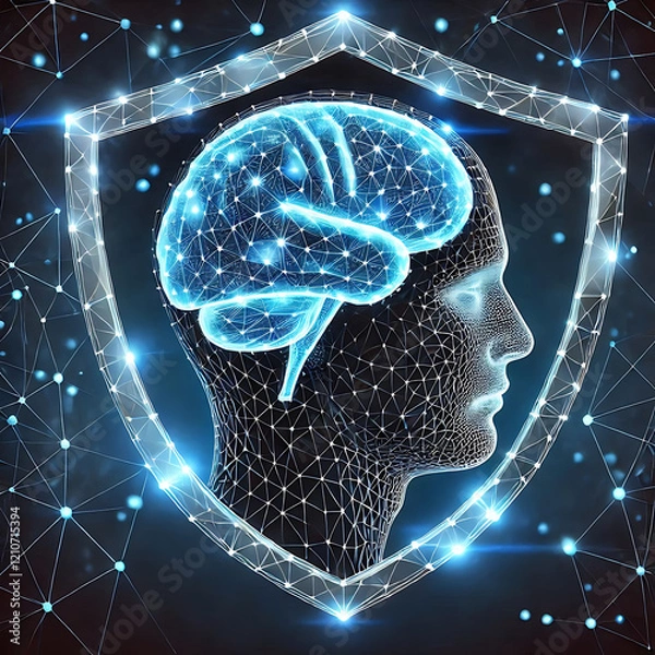 Obraz Human brain in guard shield. Cyber security concept with glowing low poly brain and shield on dark blue background. Wireframe low poly design. Abstract futuristic vector illustration.

