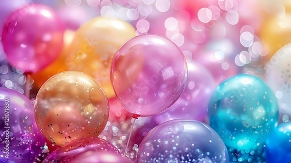 Fototapeta Colorful festive Christmas baubles and bokeh lights create magical holiday atmosphere. Perfect background for seasonal greeting cards and winter celebrations.
