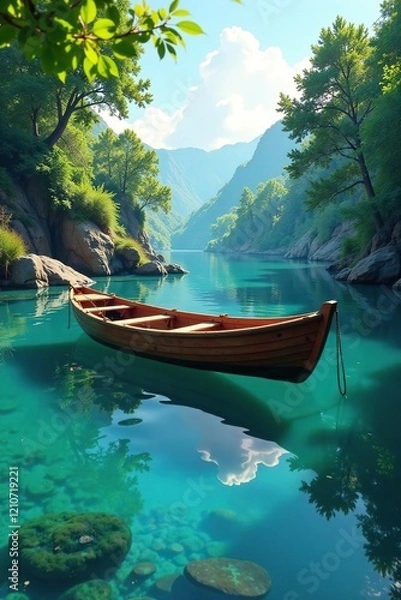 Fototapeta Boat partially submerged in the river's calm waters, submerged, watery, pool