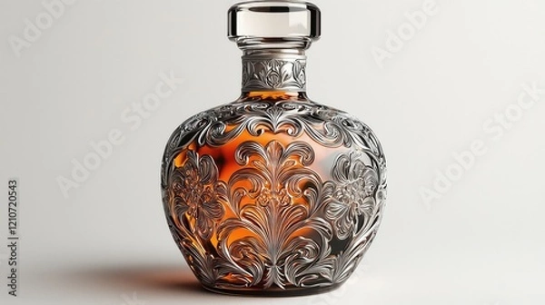 Fototapeta Elegant glass decanter with intricate floral patterns, showcasing amber liquid, set against a soft, neutral background