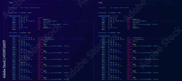 Fototapeta Assembly Code Programming Language. Machine Code Program Hexadecimal Code. Computer Memory. Vector Illustration. Hacking, Cryptography, Malware, Reverse Engineering, Data Analysis Backdrop.