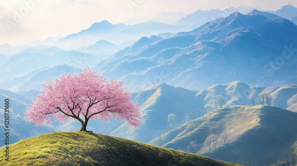 Fototapeta 山間の丘に佇む一本桜の春景色