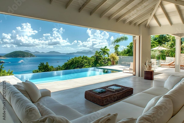 Fototapeta Opulent Open Living Area with Breathtaking Pool and Tranquil Ocean Views-